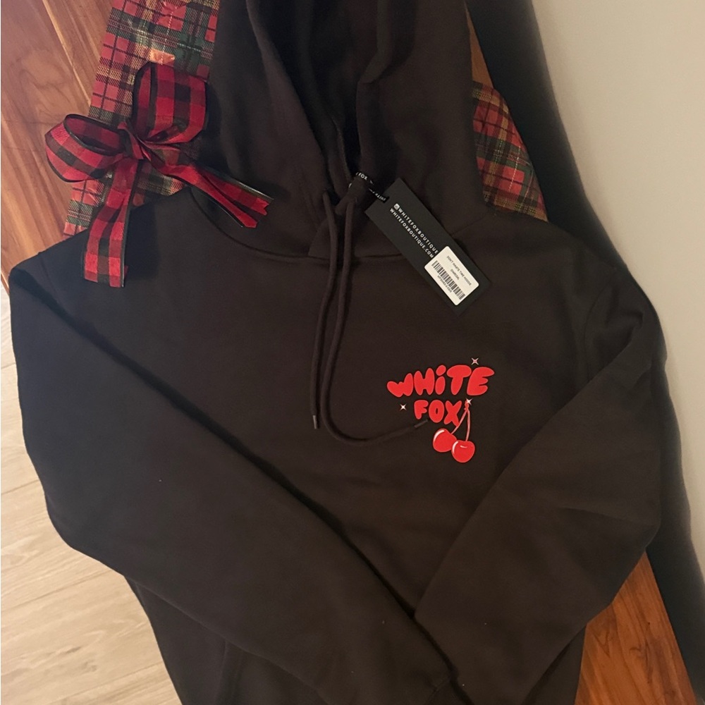 White Fox Boutique Black Hoodie with Cherry Red Design